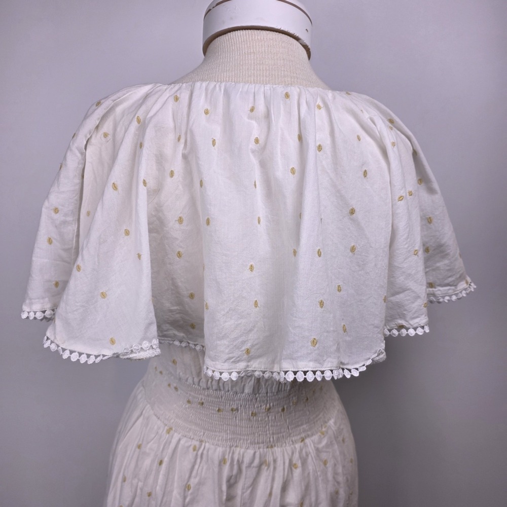 Zara White Yellow Polka Dot Midi Dress M Smocked Waist Cottagecore Cape Neckline - Picture 5 of 9